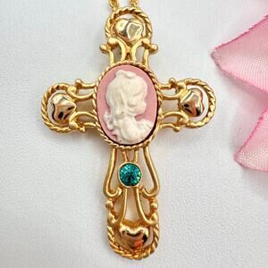 PMI Little Girl Cameo Cross Pendant Necklace Hearts Sweet Girly Faith Christian